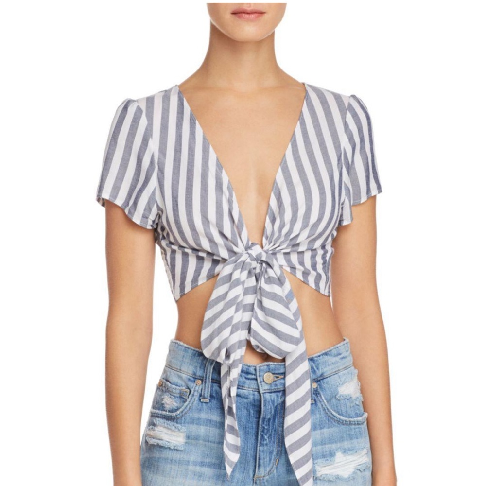 Aqua - Tie Front Striped Crop Top in Blue/White